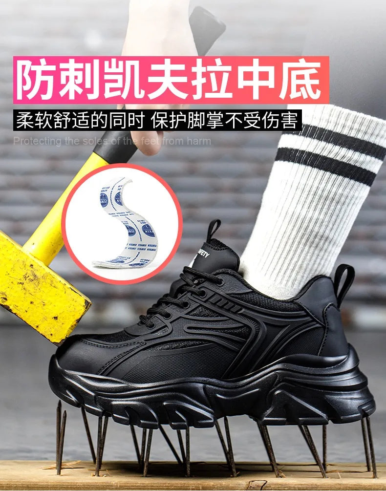 Women's safety shoes with steel toe caps, anti smashing and anti puncture rotating buttons, no tie up, hot selling shoes