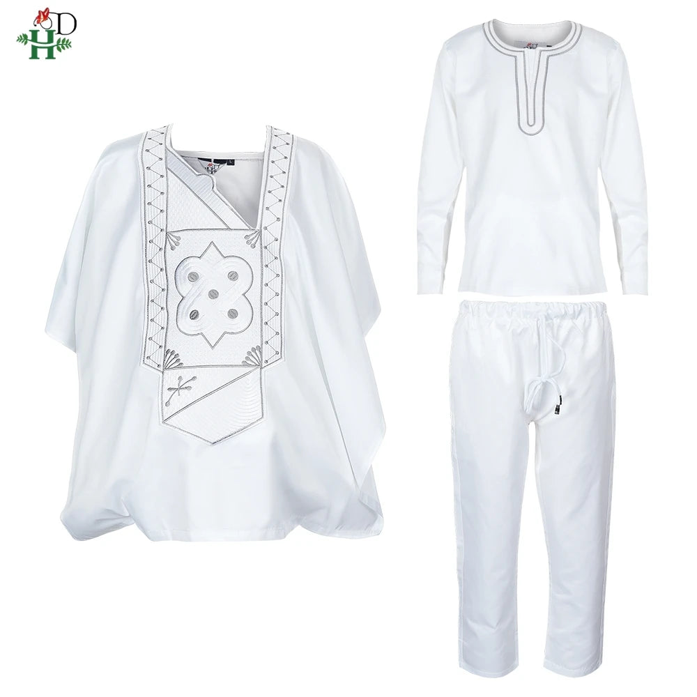 2025 New African Traditional Clothes For Kids Boy White Blue 3 PCS Set Long Sleeve Tops Embroidery Dashiki Robe Shirt Pant Child
