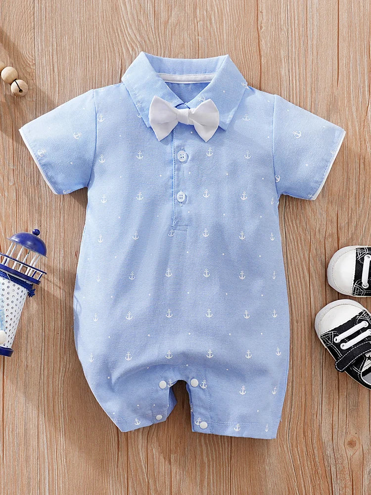 Summer Boys And Girls Art Style Handsome Shirt With Sea Anchor All Over Print Comfortable Casual Short Sleeve Bodysuit