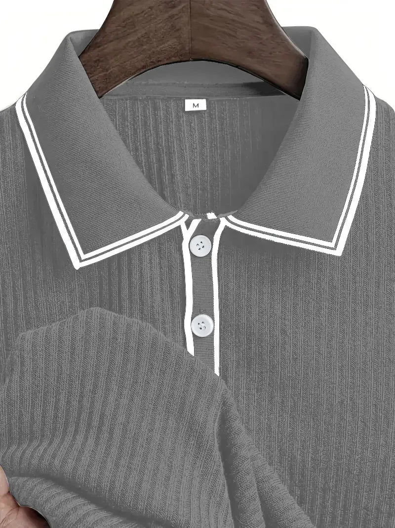 Men Ribbed Knit Polo Shirt Short Sleeve Turn Down Collar Contrast Trim Button Placket Slim Fit Casual Top