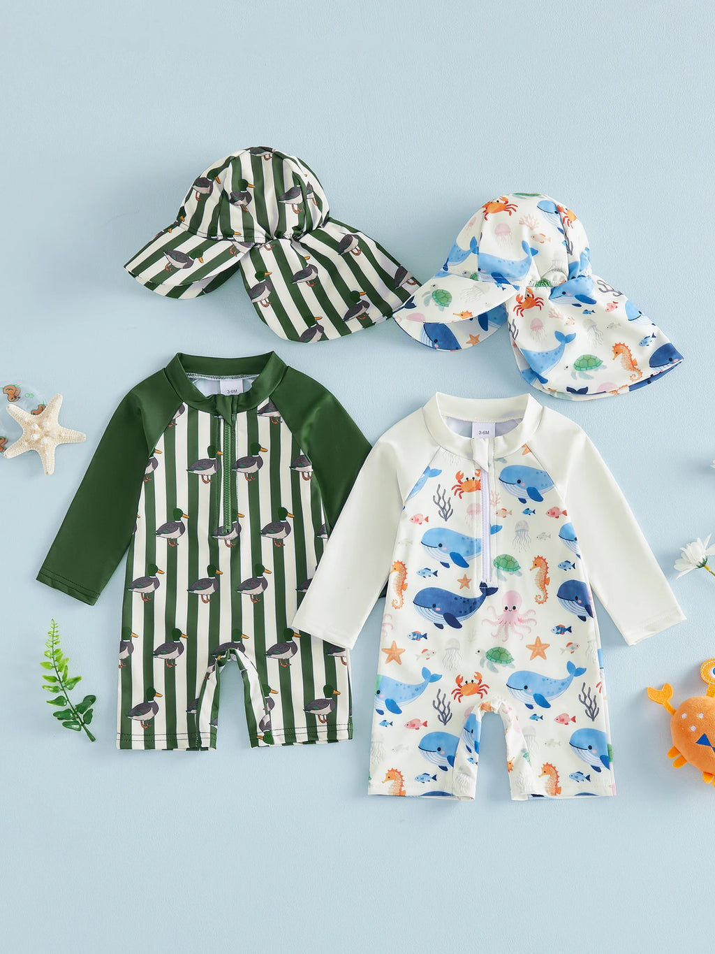 Summer Toddler Kids Baby Boys Swimsuits Long Sleeve Animal Print Rash Guard Jumpsuits with Hats Swimwear Beachwear