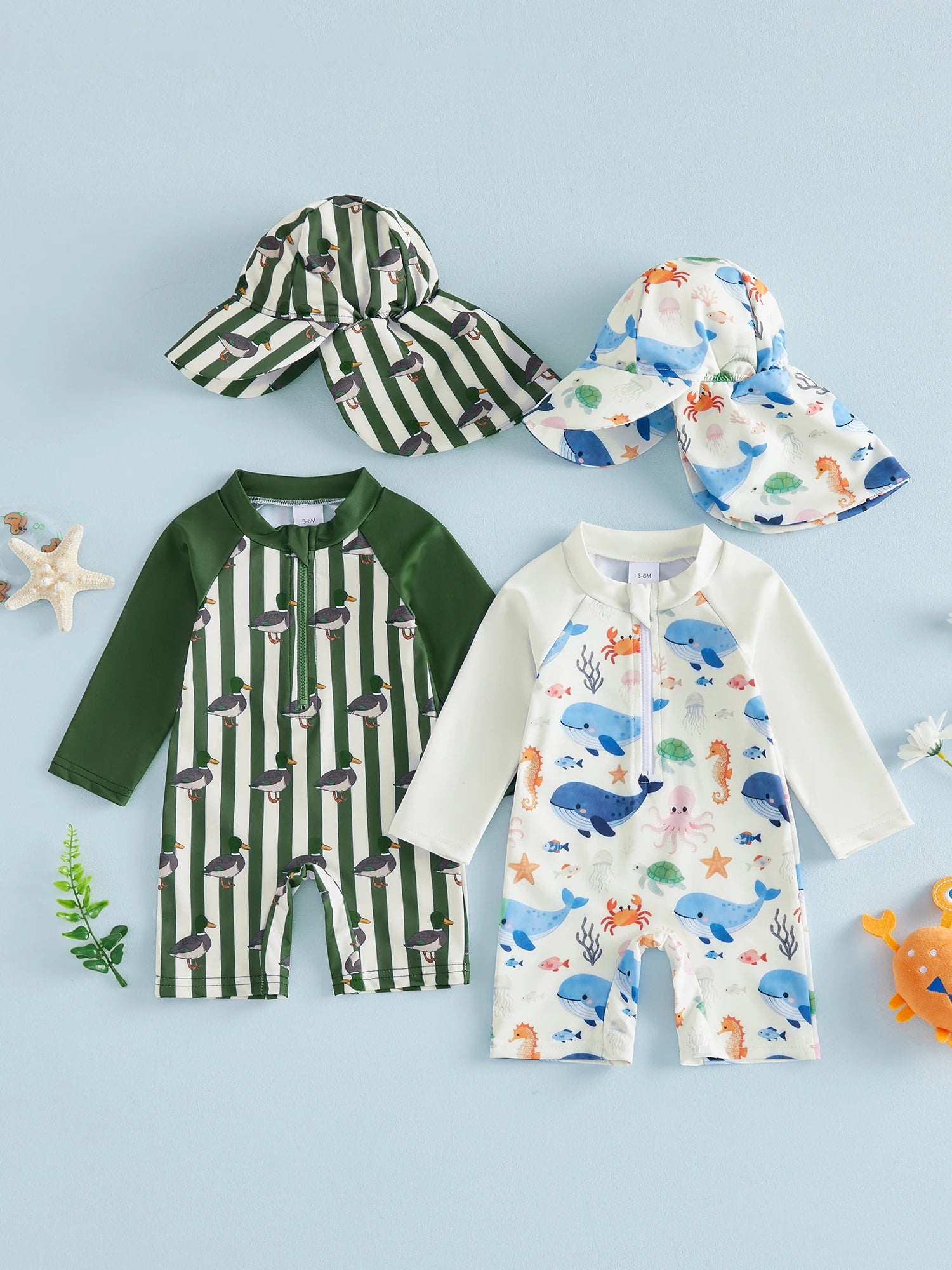 Summer Toddler Kids Baby Boys Swimsuits Long Sleeve Animal Print Rash Guard Jumpsuits with Hats Swimwear Beachwear