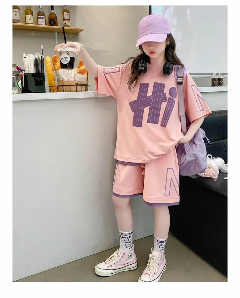 Girls T-Shirts Sets Clothes Kids Short Sleeve Tops+Shorts 2Pcs Children Clothes Suits Teen Loose Casual 2025 Outfits 5-14 Years
