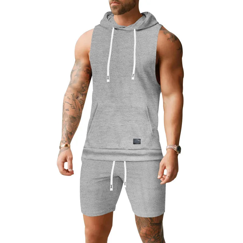 2026 Men's Casual 2 Piece Set Fashion Jacquard Knitted T-shirt Hooded Sleeveless Vest Elastic Waist Shorts Jogging Fitness Suit