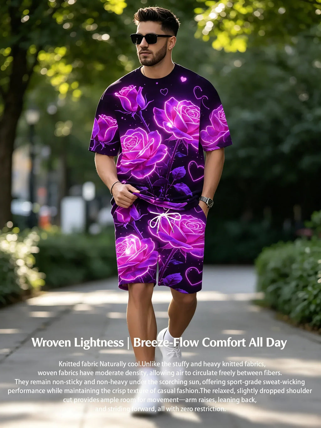 Summer Men's 2-Piece Print Set Casual Loose T-Shirt & Elastic Waist Shorts Outfit