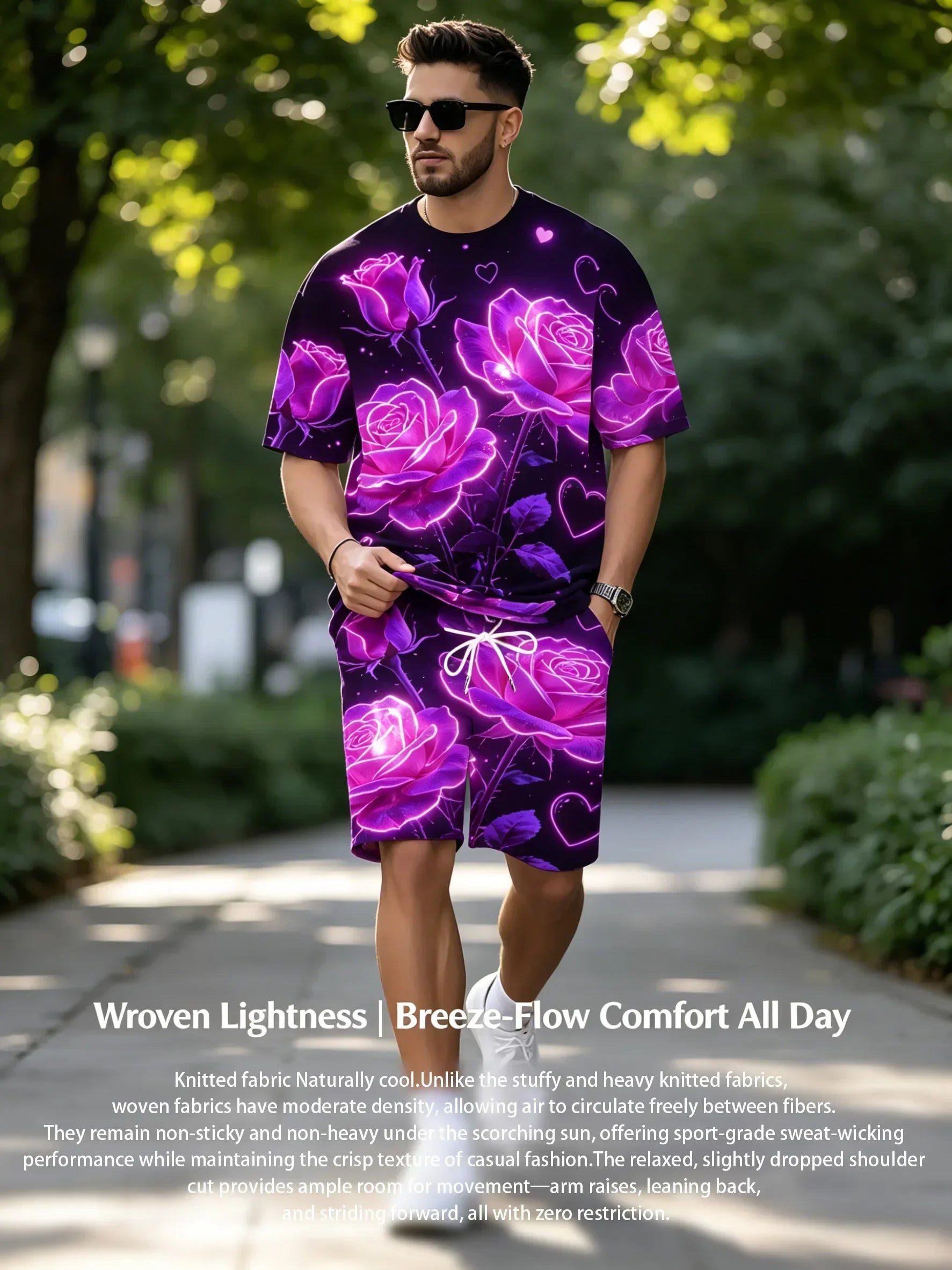 Summer Men's 2-Piece Print Set Casual Loose T-Shirt & Elastic Waist Shorts Outfit