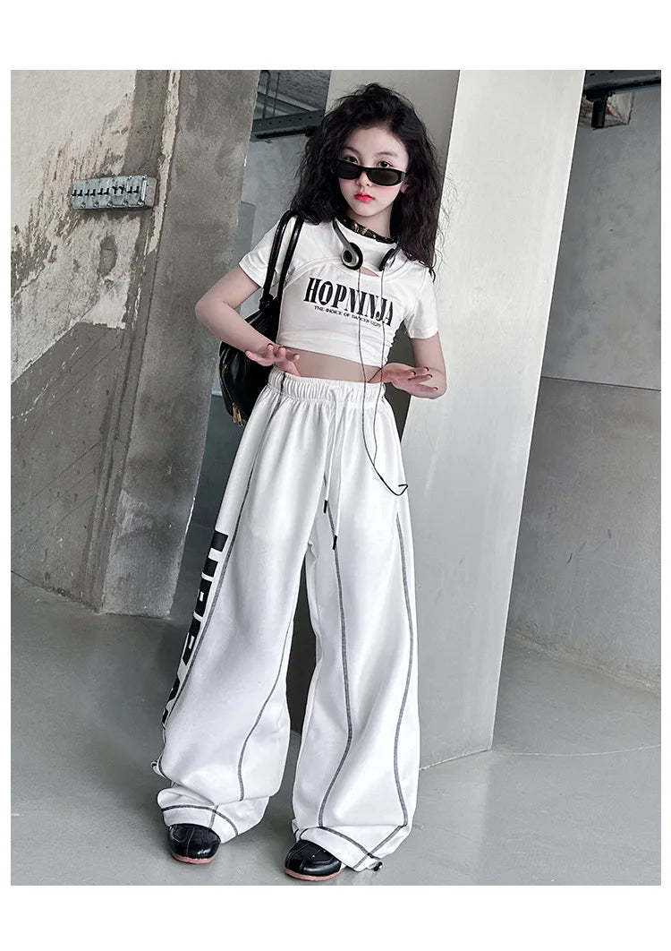 Summer teen girl Hip Hop Jazz Street Dance Costume Suit Cool Print Hollow Short T-shirt+Casual Sports Pants Set Child Outfits