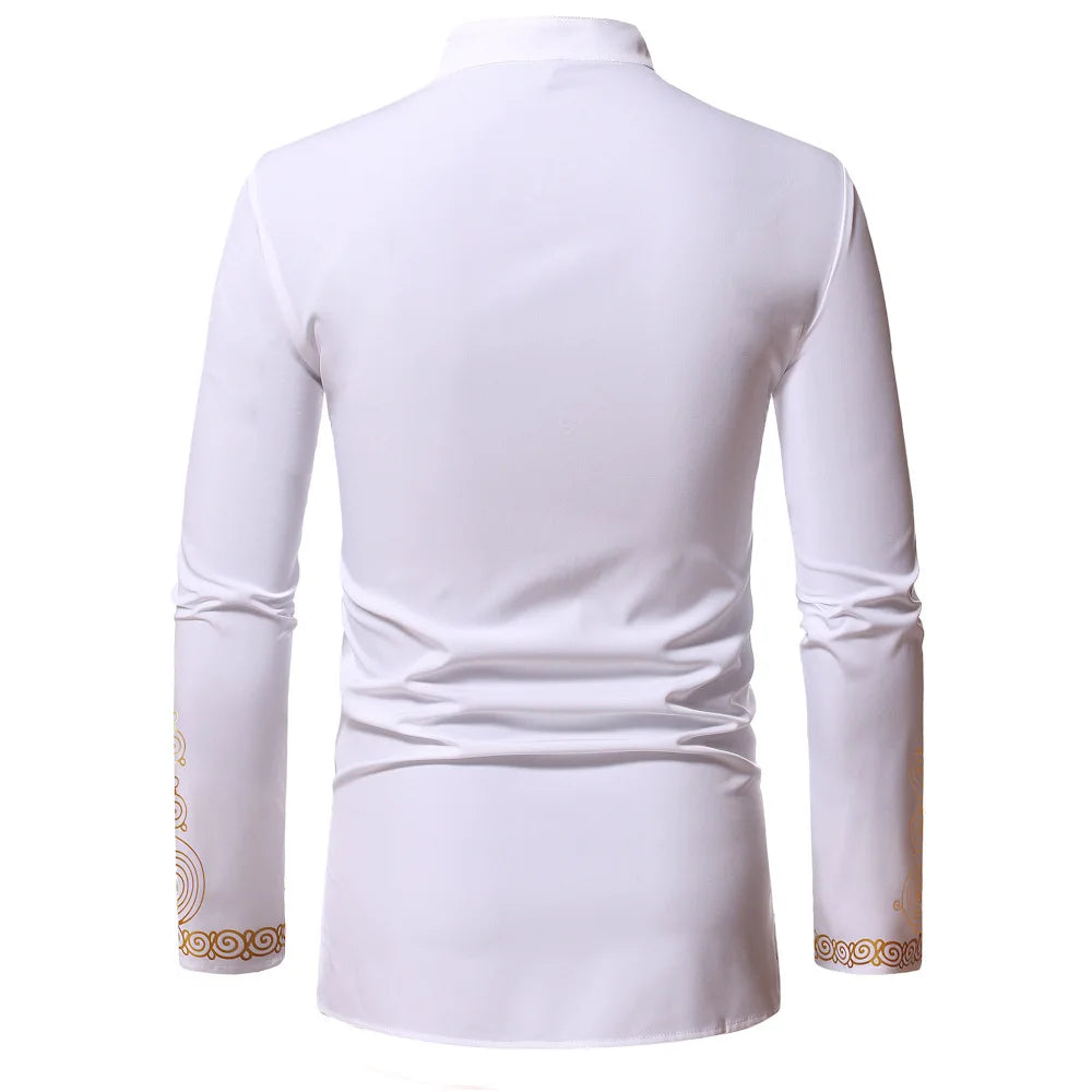 Men's African Style Ethnic Shirt Traditional Tribal Printed Stand Collar Robe Turkish Long Sleeve Dashiki Tops