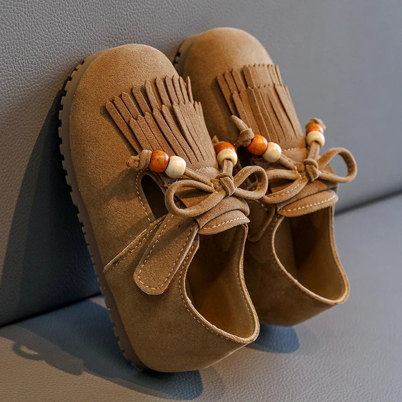 Girls' All-inclusive fringed Boken shoes 2025 Autumn Edition Soft-soled little girl princess Shoes Children's Bean single shoes