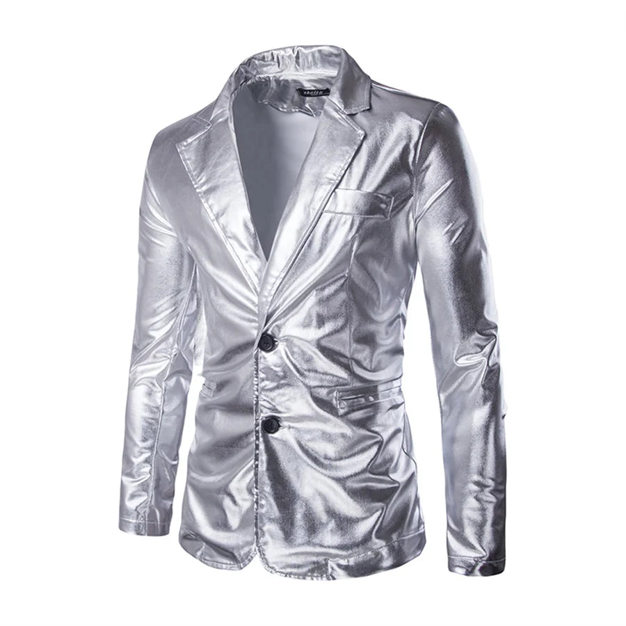 Men's Suit Slim Fit 2 Piece Sets Solid Shiny Party Gold Silver Suits for Men Wedding Prom Blazer Jacket and Pants Stage Costume