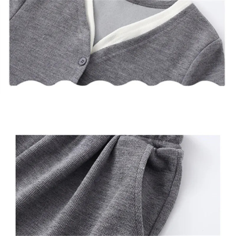 Korea Style Girls Casual Clothing Sets Single Button V-Neck Fake Splice Top and Pants Two Pieces Grey Khaki Kids Teenage Outfits