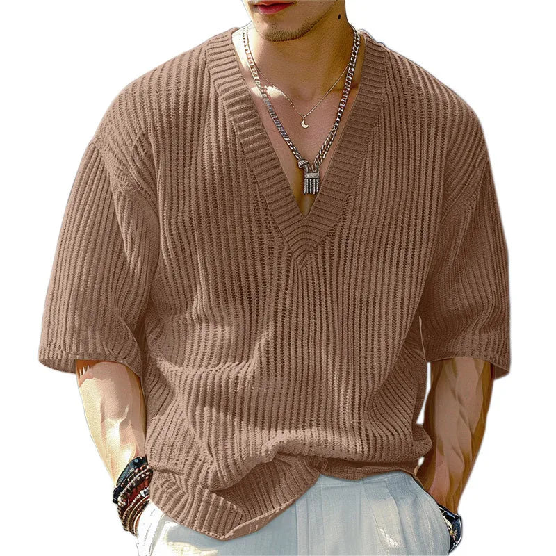 Summer Half Sleeve Knit T-Shirts Men Elastic Loose Tops Fashion V-Neck Casual Tees Male Knitting Pull On T Shirt Streetwear Man