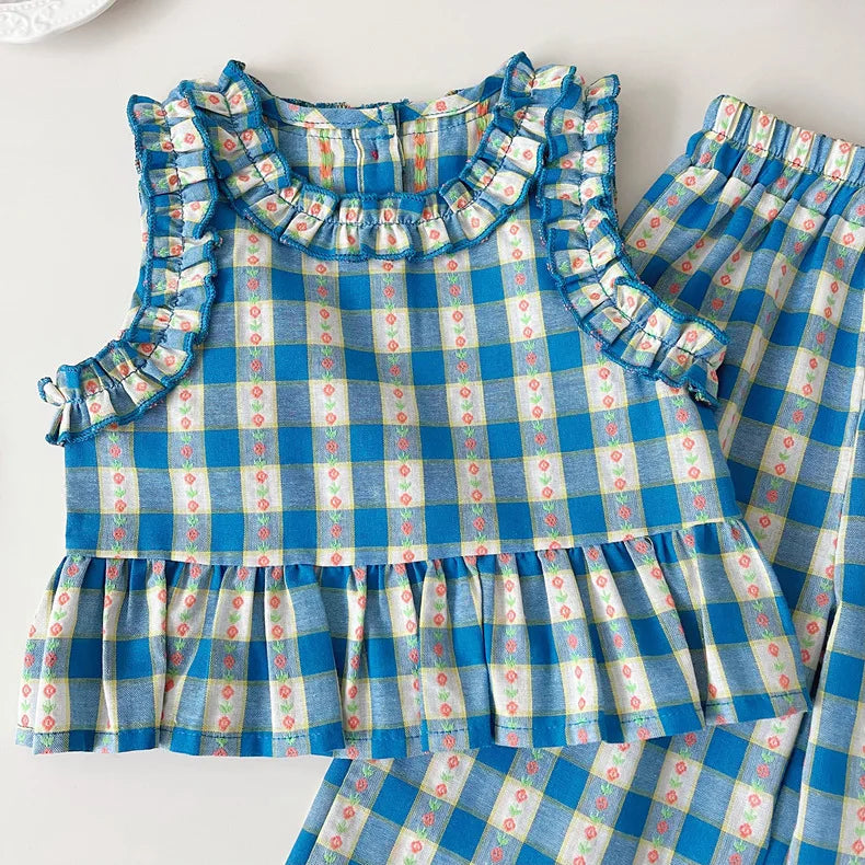 Girls 3-Piece Outfit Set – Blue Plaid Floral Sleeveless Top + Wide Leg Pants & Shorts, Summer Mix & Match Clothes