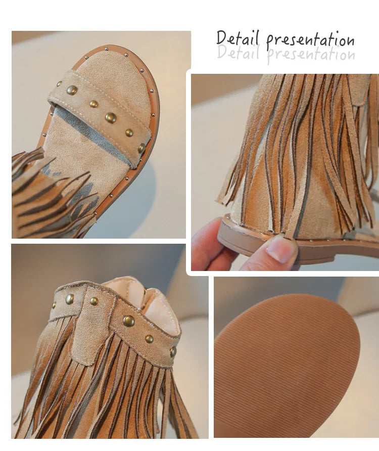 Sandals for Girl Summer New Fashion Strap Roman Sandals with Tassel Rivet Girl Shoes Personalized Kid Cool Boot Sandalias Mujer