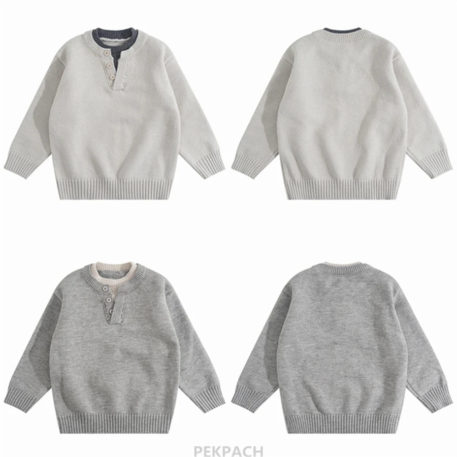 Child Minimalism Style V-Neck Sweater for Tween Boy Beige Grey Color Knitwear Korean Kids Spring Autumn Casual Knitted Clothing
