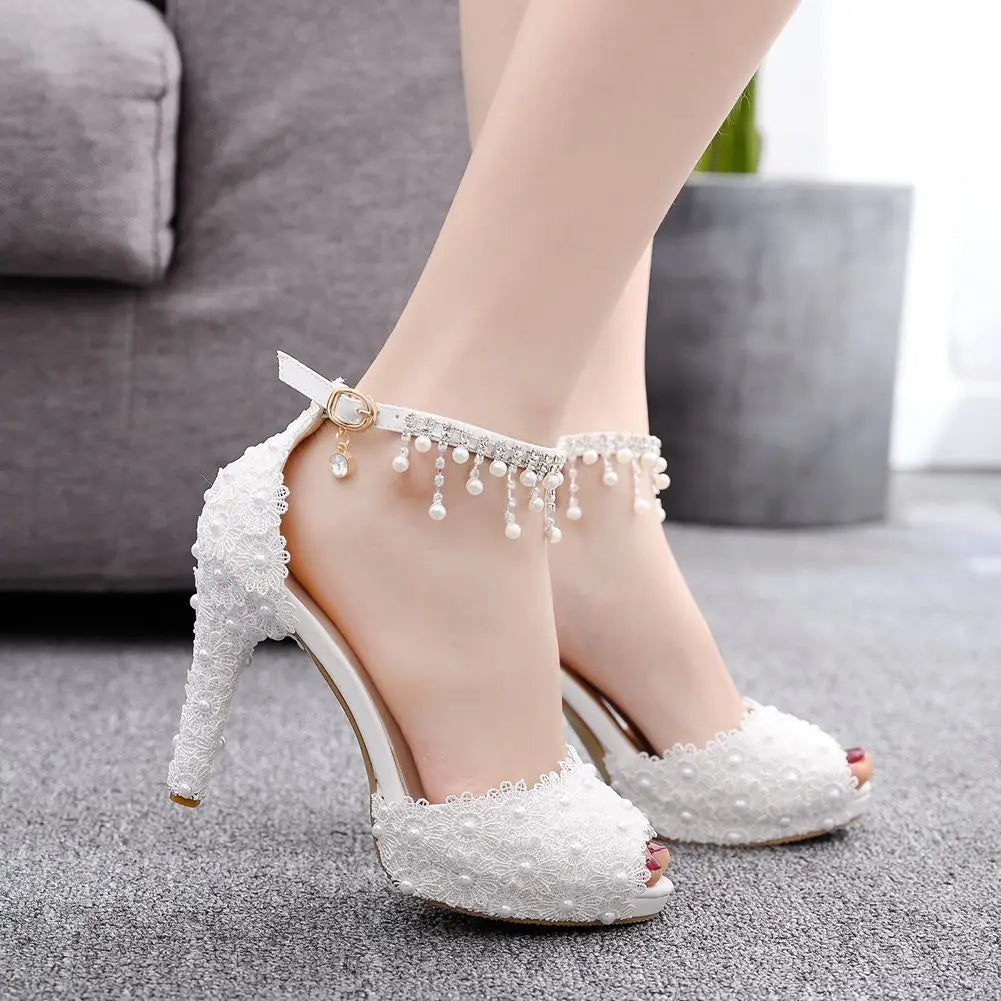 Women High Heel Shoes for Female Pointed Fashion Sandals Lace Pearl Platform PU 10CM Thin Heels Peep Toe Dress Woman Shoes
