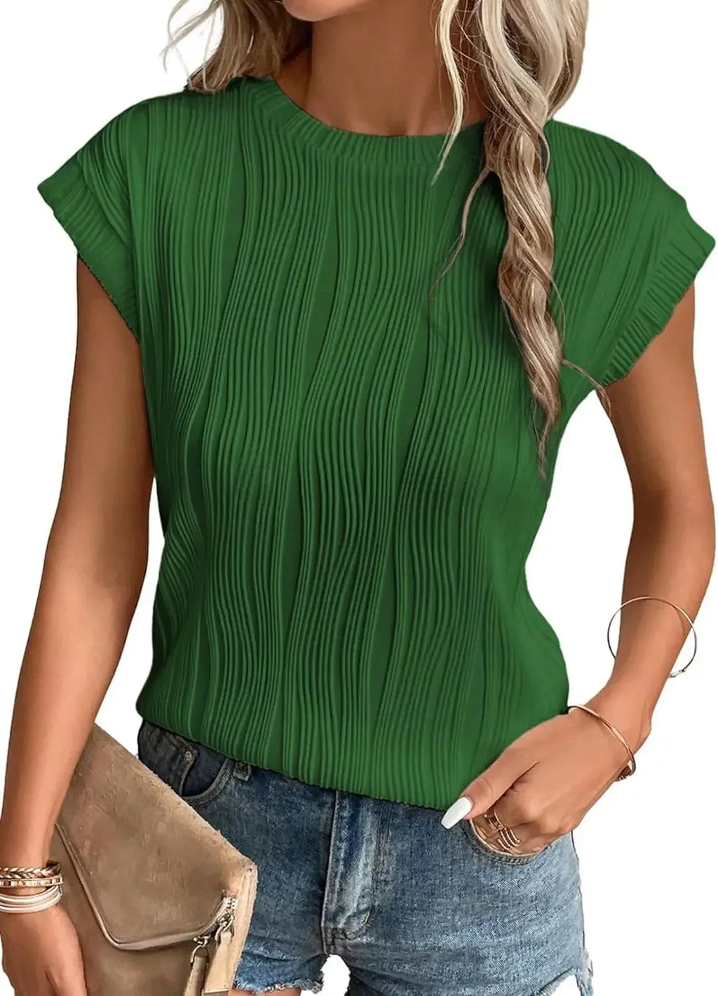 2025 Summer New Womens t-shirt Short Sleeve Textured Tops Crewneck Knit Solid Loose Casual Basic T Shirts Tee Blouses