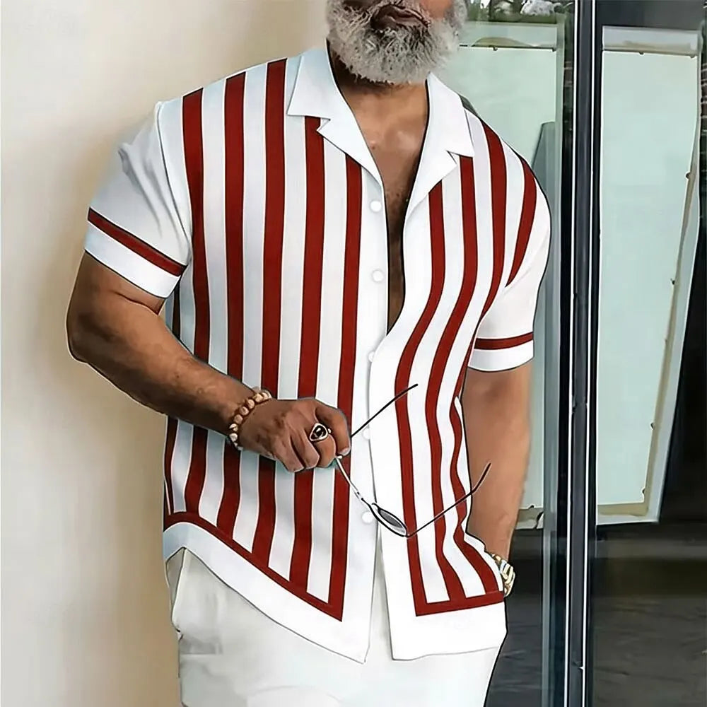Men's Short Sleeve Button Up Shirt, Geometric Striped 3D Print Business Casual Style, Spring & Summer Vacation