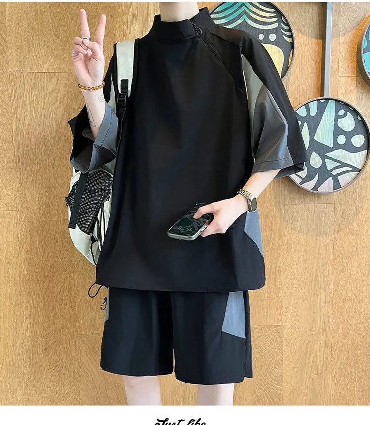 【T-Shirt + 5-Point Shorts】Men's T-Shirt Set Summer Fashion Nylon Blend Diagonal Neck Streetwear Sports Leisure Two-Piece Suit