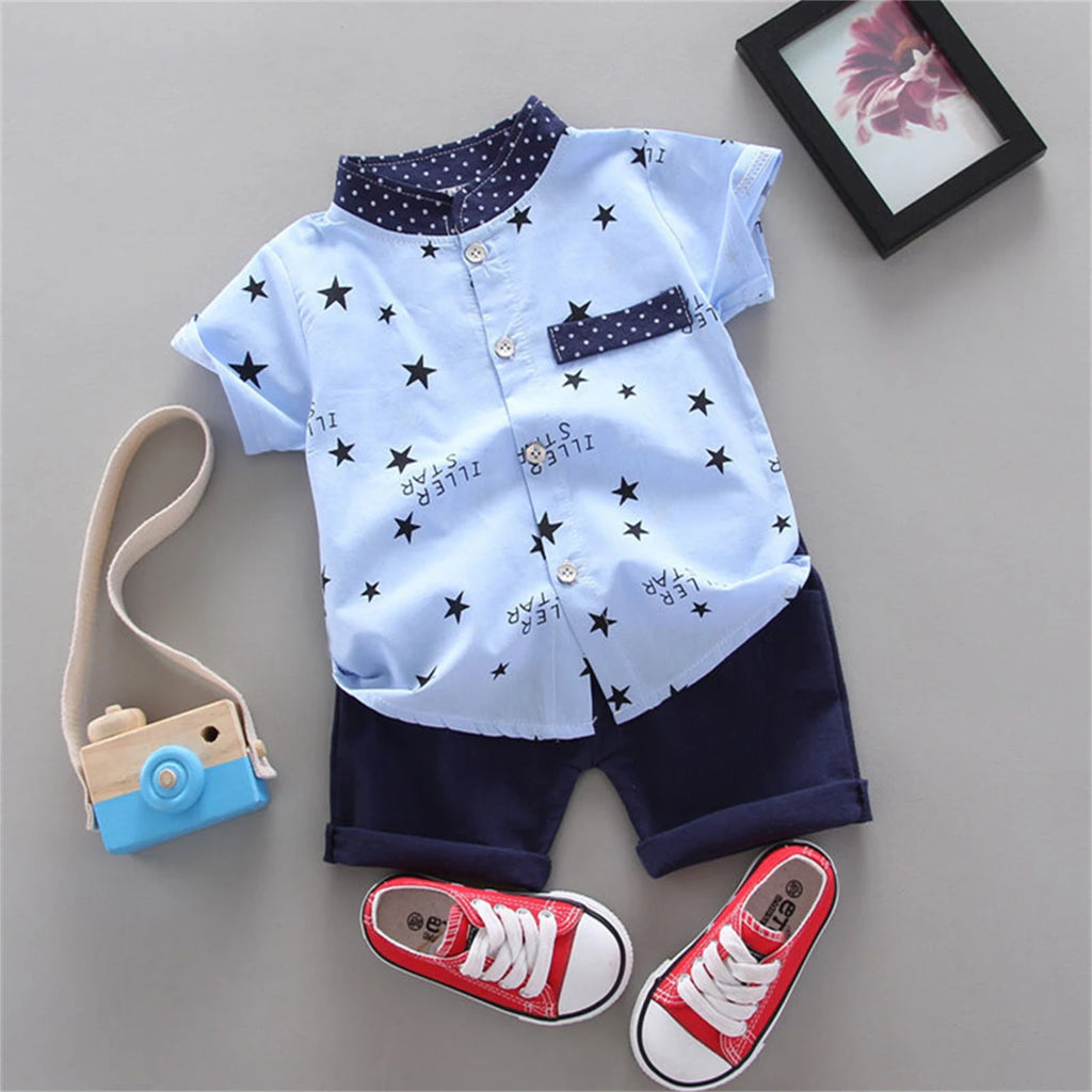 Boys clothing summer baby boy small stand collar short sleeved shirt+shorts 2-piece set