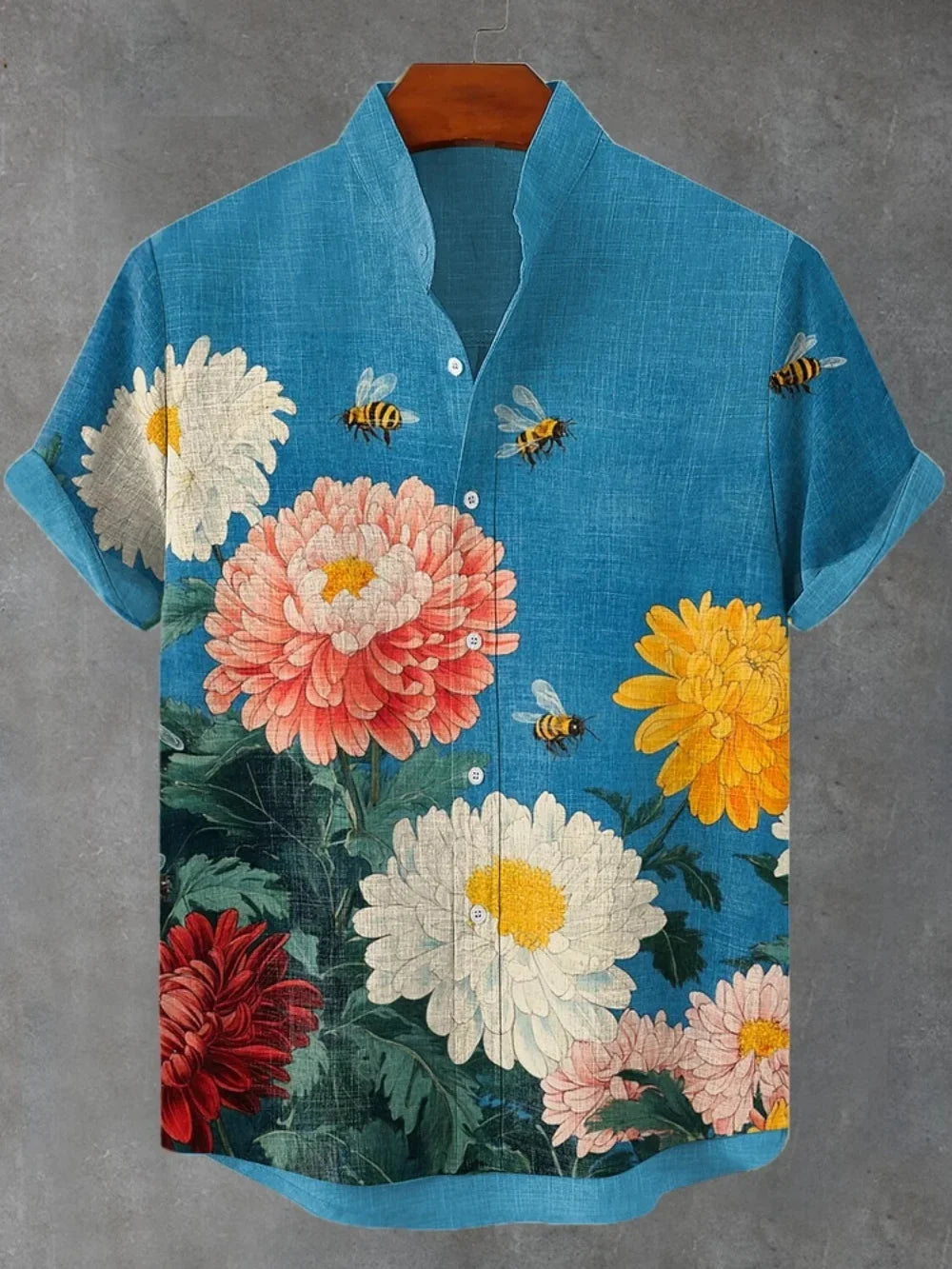 2025 new men's standing collar shirt, Japanese samurai printed cardigan button up shirt, retro linen short sleeved men's shirt