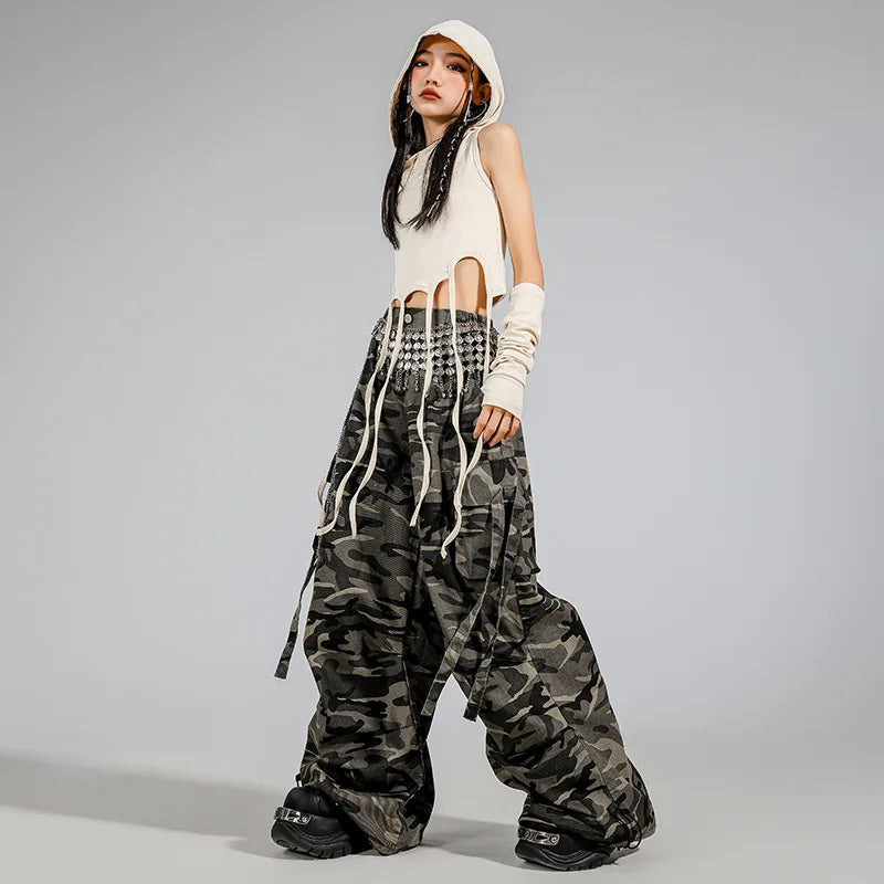 Kid Modern Dance Clothes Girl Jazz Dance Lace up Crop Hoodie Camouflage Pants Navel Performance Suit Kpop Group Stage Costume