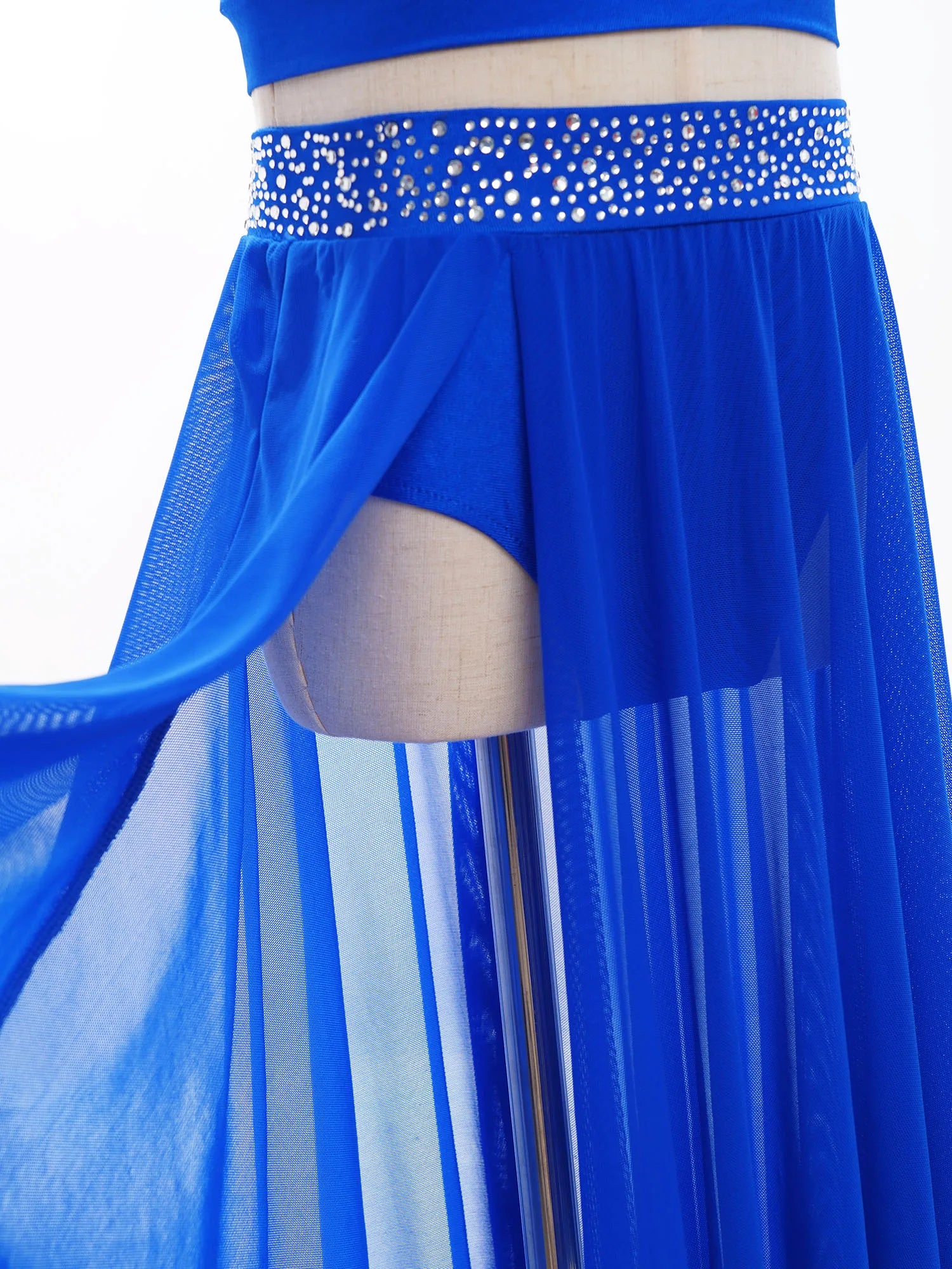 Kids Girls Lyrical Modern Dance Skirt Shiny Rhinestones Open Front Flowy Sheer Mesh Skirt with Built-in Briefs Ballet Dresses