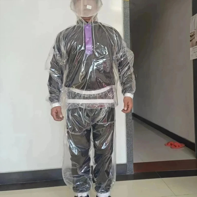 2-piece Men Women Set See Through Plastic Hooded T-shirt Pants Rainproof Long Sleeve Hoodie Trouser Waterproof Costumes