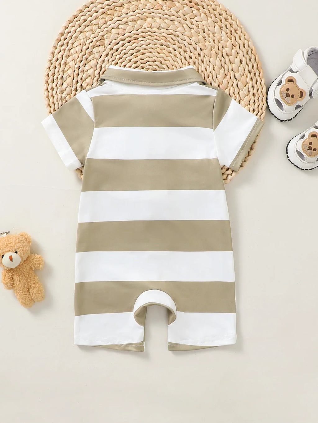 Summer Brown Stripes And Bear Short Sleeve Collared Romper for Baby Boys Casual Comfortable Cute Outdoor Wear