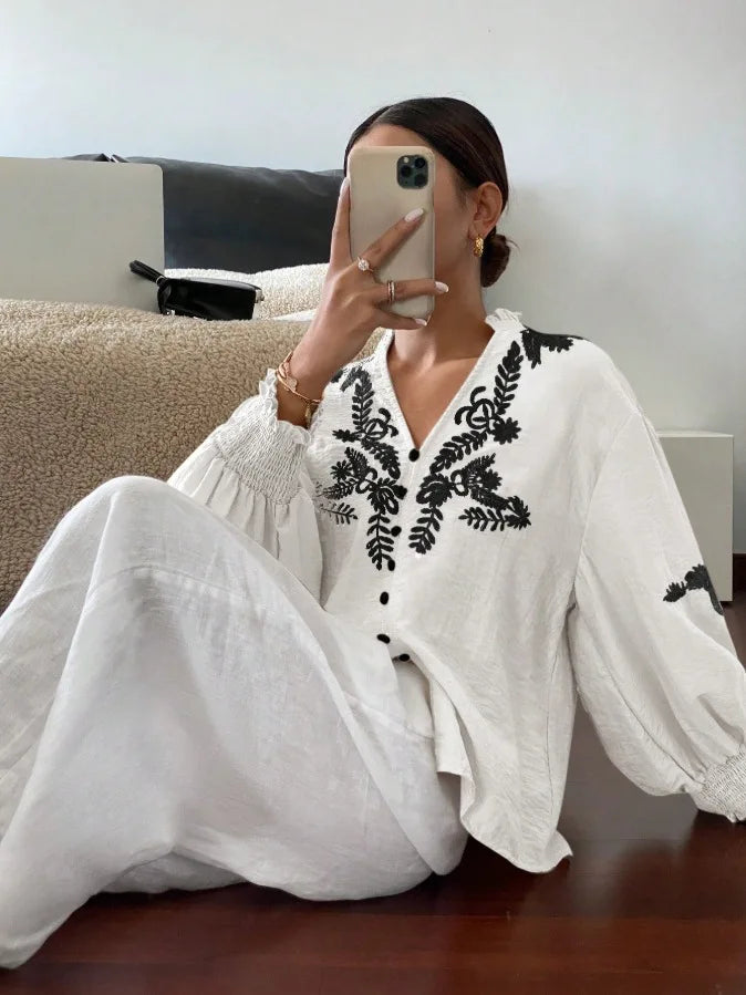 Women Autumn Single Breasted V-neck Blouses and Shirts Ladies Casual Embroidery Long Sleeve Shirt Tops