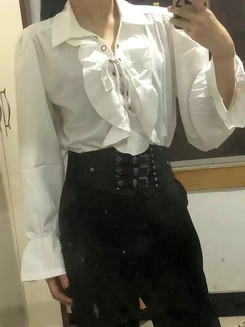 2025 New Women Pirate Shirt Vampire Prince Poet Shirts Medieval Buccaneer Frills Lace Up Renaissance Vintage Gothic Blouse Tops