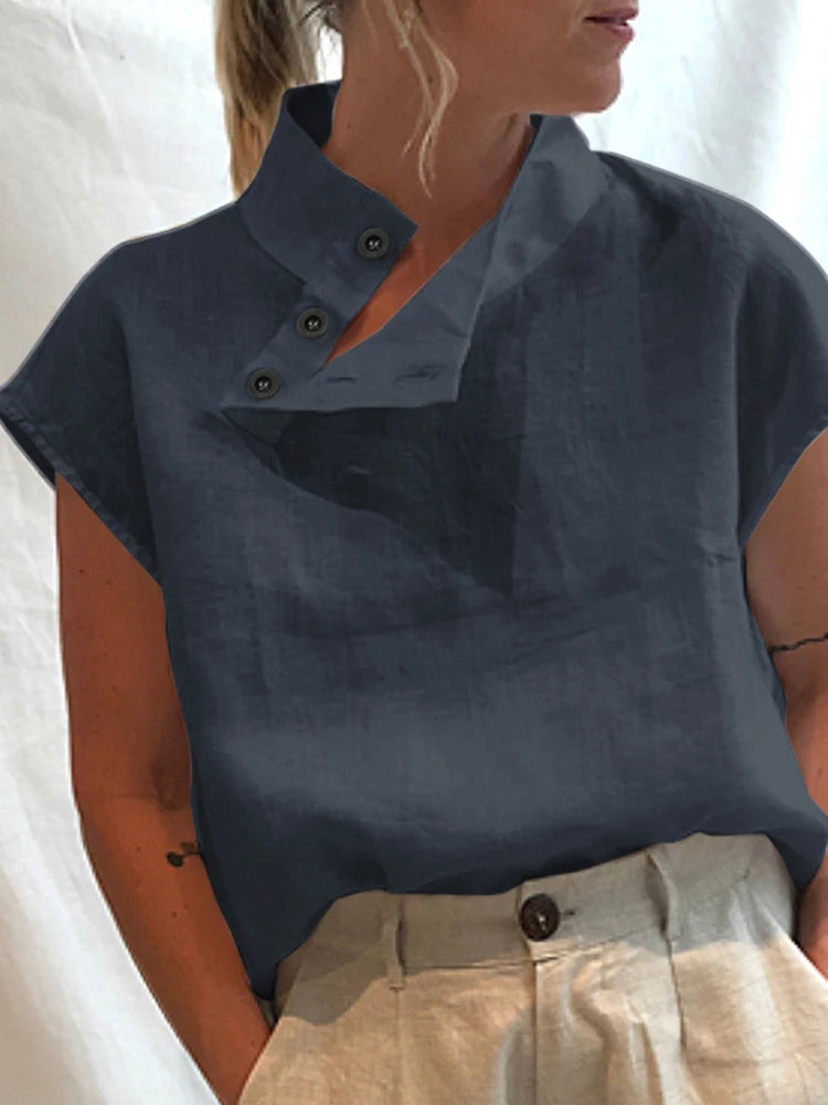 Fashion Women Blouses 2025 Summer Cotton Linen Blusas Mujer Stylish White Shirt Elegant Short Sleeve Tunics Lightweight