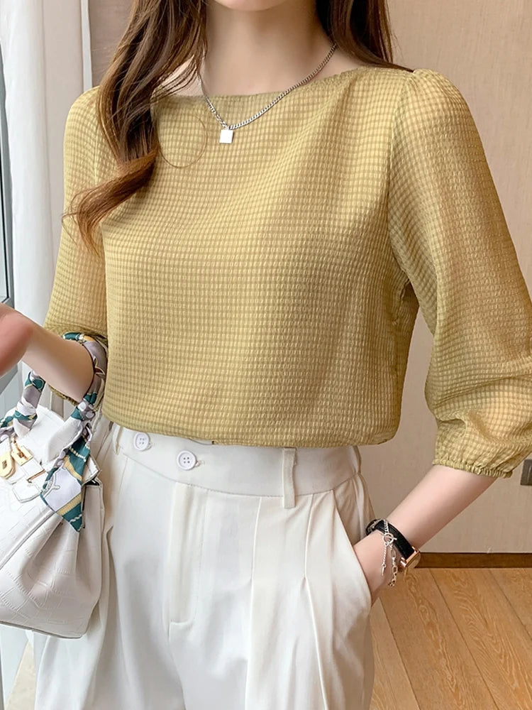 Blusas Para Mujer 2026 New Women Blouse Shirt O-Neck Black Chiffon Blouse Shirt Women Tops Blouses Shirts Blusas Camisas E474