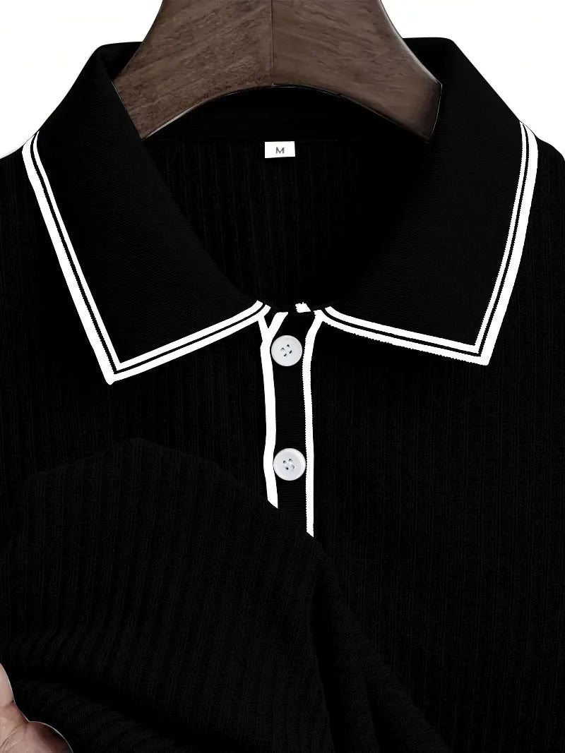 Men Ribbed Knit Polo Shirt Short Sleeve Turn Down Collar Contrast Trim Button Placket Slim Fit Casual Top
