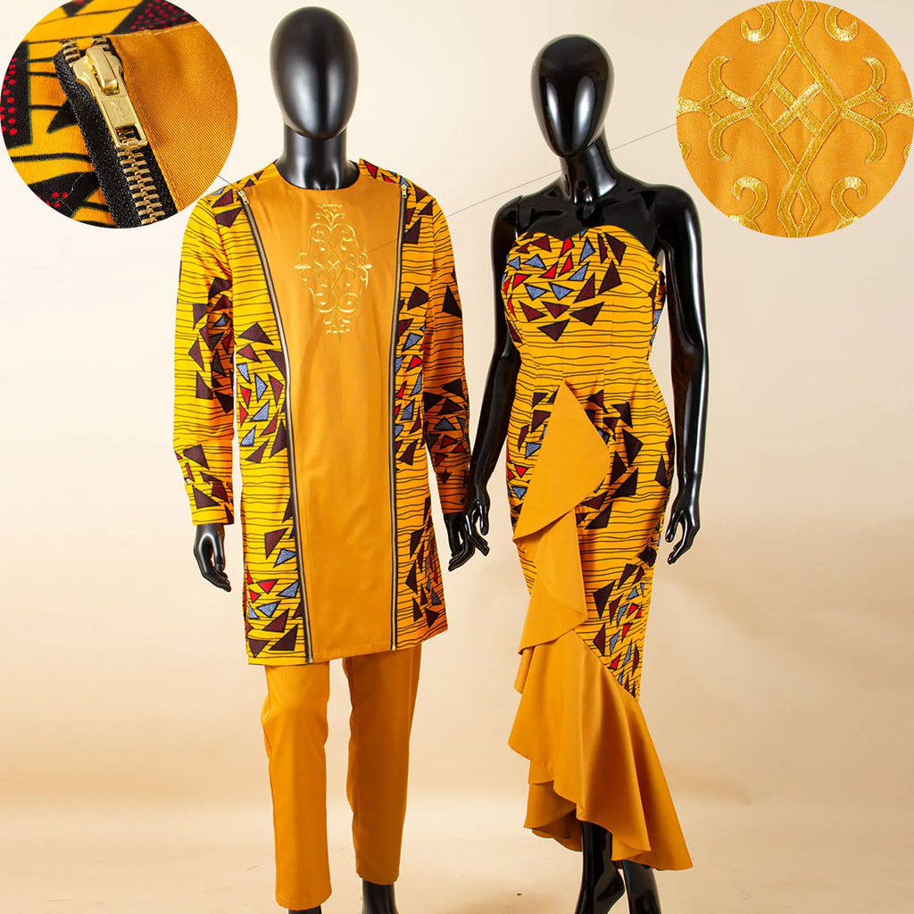 Dashiki African Women Mermaid Dresses Matching Men Outfits Pant Sets Bazin Riche African Couple Clothes for Wedding Y22C080