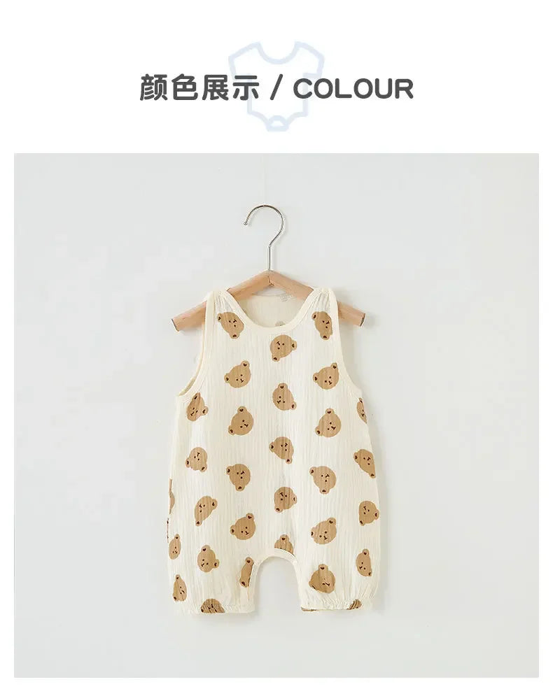 Summer Baby Girls Romper Cartoon Bear Newborn Jumpsuits Infant Sleeveless Muslin Clothing for Boys Printed Outfits