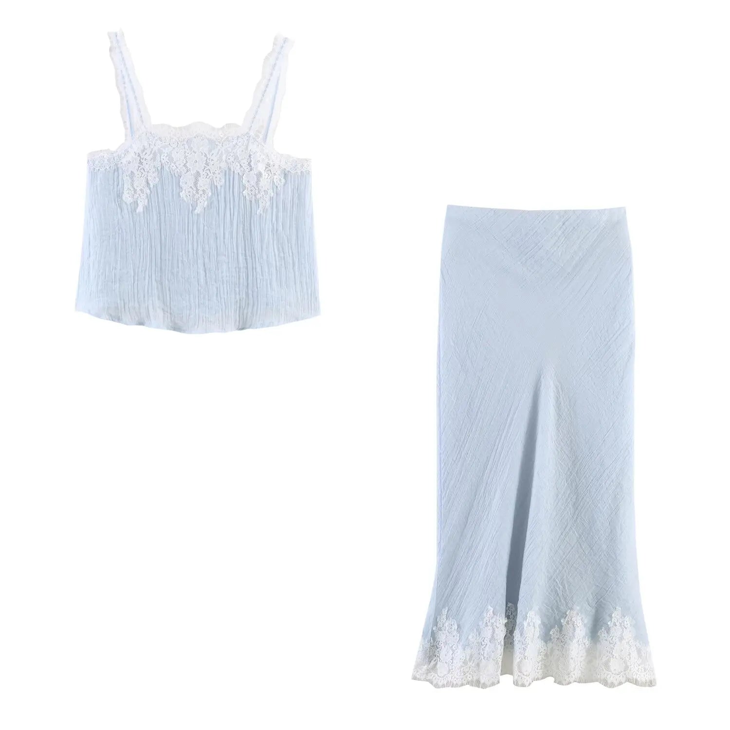 Women's Skirt Set 2026 Spring Elegant Lace Thin Straps Tops Hihg Waist Elastic Waist Midi Skirts Fashion Sexy Female 2 Piece Set