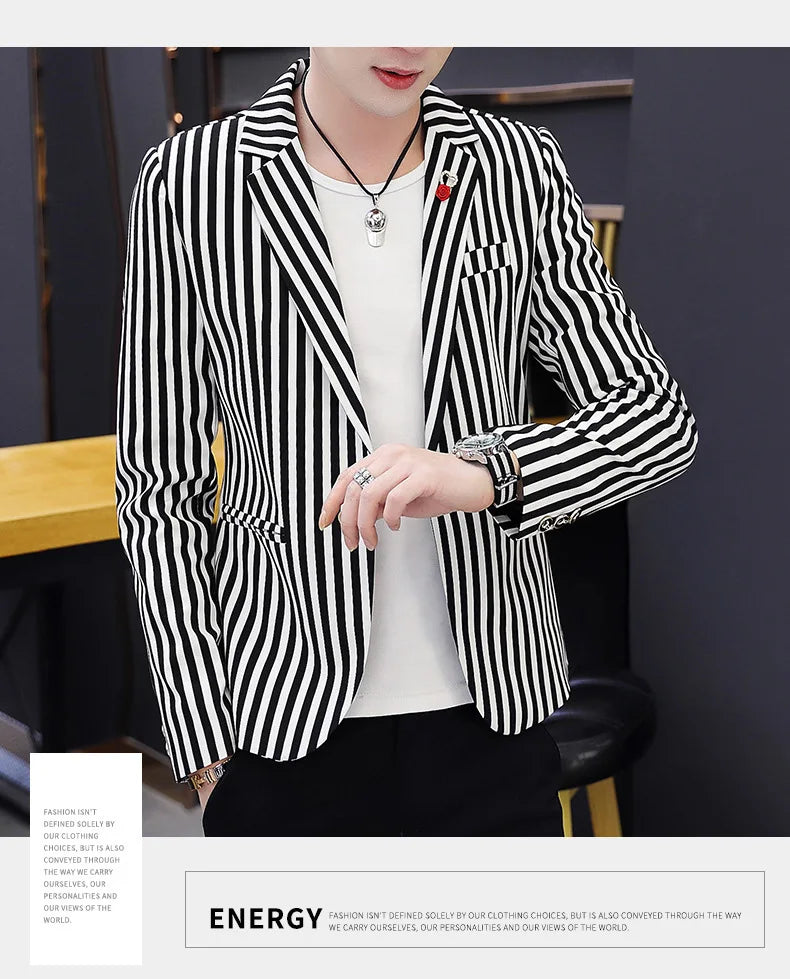 Mens Blazer Jacket 2022 New Suit Male Casual Korean Style Trendy Slim Striped Student Small Suit Jacket Hair Stylist Single Top