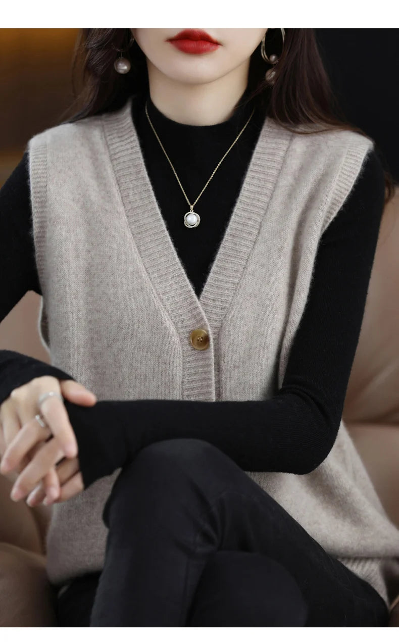 Girls Wear New Women's Loose High-End Waistcoat Knit Vest Wool V-Neck Solid Color Button Sleeveless Fashion Coat Cardigan Trend