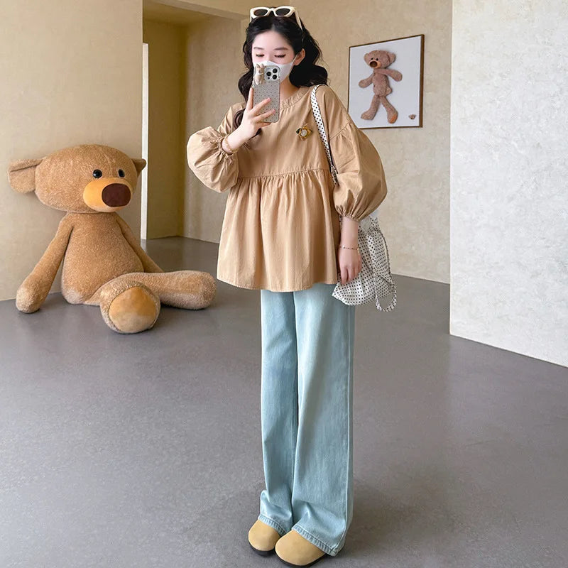 Maternity Blouse Spring Autumn Flower Round Neck Puff Long Sleeve Tops For Pregnant Women 2026 Loose Comfortable