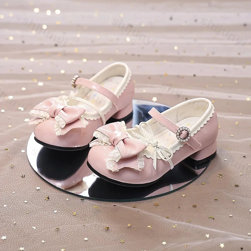Girl Princess Shoes Spring 2026 New Bow French Heels Leather Shoe Sweet Lolita Party Dress Shoes Children's Mary Jane Size 26-36