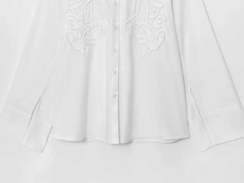 MUJER White Women's Shirt Embroidery Button up Shirts for Women Summer Casual Shirts Woman Long Sleeve Shirts and Blouses Woman