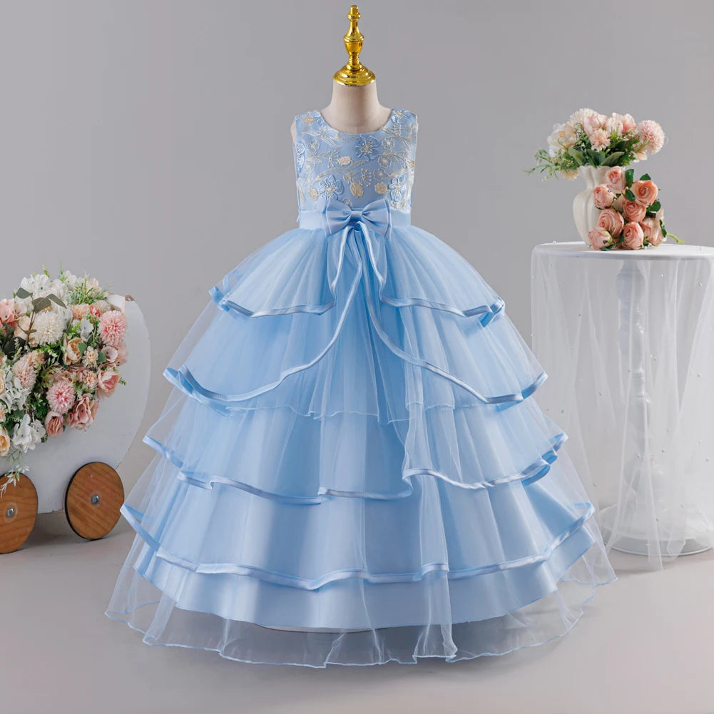 Girls Princess Dress Sleeveless Lace Embroidery Tiered Tulle Bow Formal Evening Gown for Wedding Birthday Party Christmas