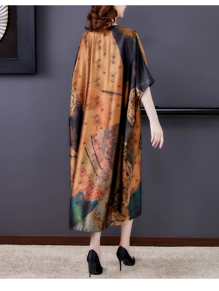 Mulberry Silk Dresses Women's New Summer Long Dress Female Fashion Loose V- Neck High-End Print Pullover Dresses