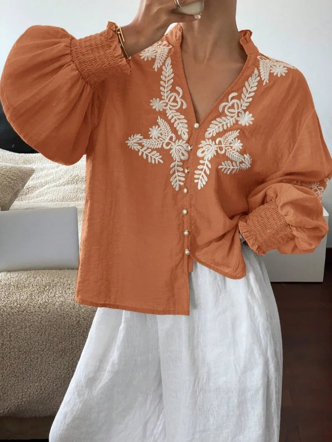 Women Autumn Single Breasted V-neck Blouses and Shirts Ladies Casual Embroidery Long Sleeve Shirt Tops