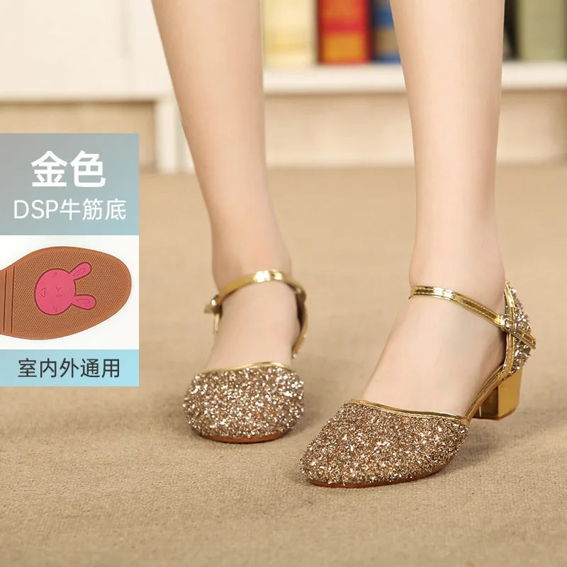 2023 New Summer Girls Party Shoes Princess Sandals Sequined Cloth Leather Glitter Buckle Strap Block Heel Kids Gift Shoes