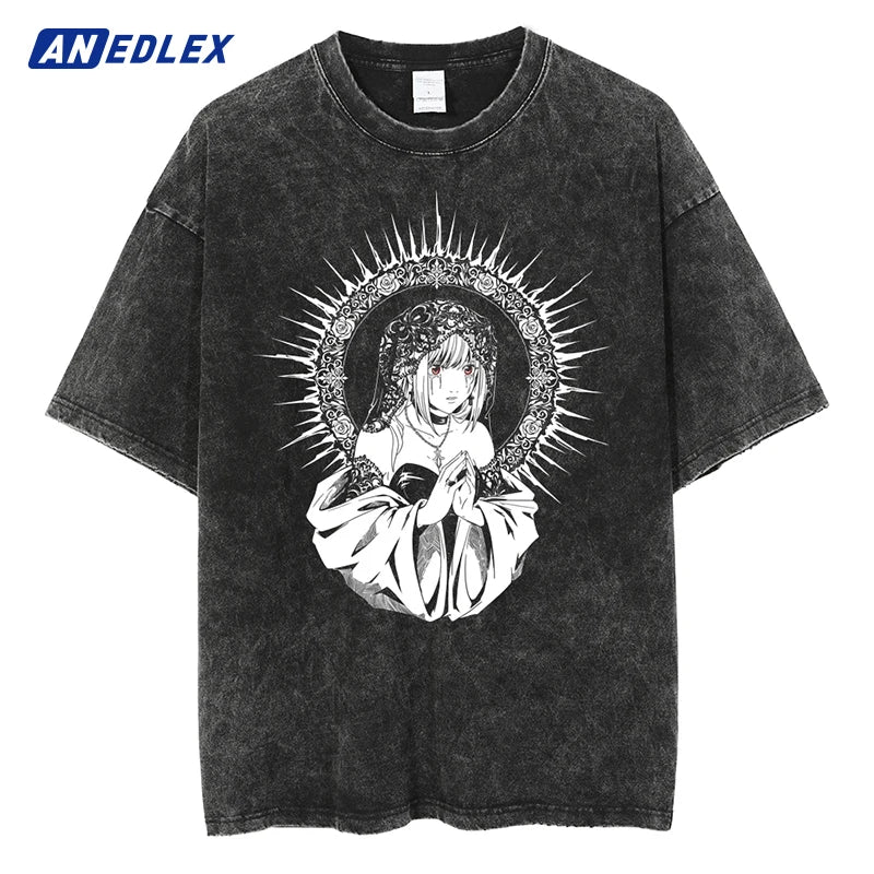 Men Streetwear Vintage Washed Black T-Shirt Anime Graphic T Shirt Oversized Hip Hop Tshirt Harajuku Cotton Tops Tees