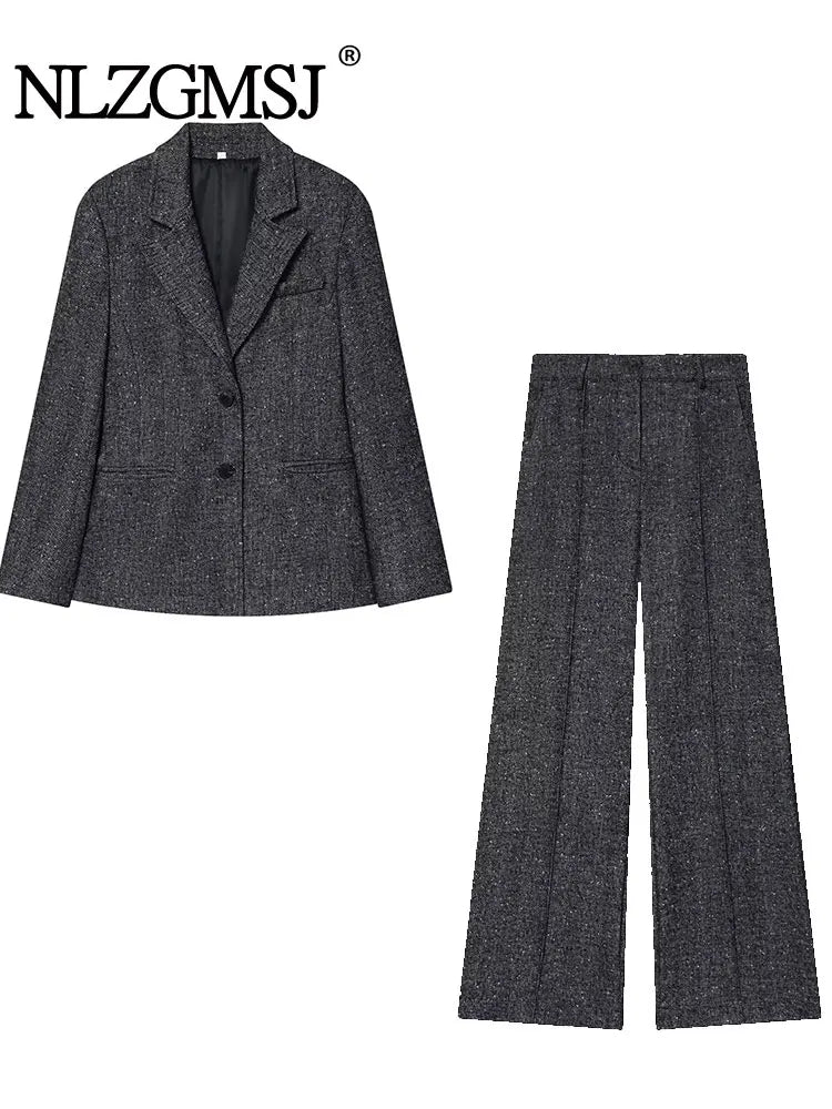 NLZGMSJ Office Lady Chic Women Blazer Suits Long Sleeve Buttons Blazer High Waist Wide Leg Pants Fashion 2-piece Set