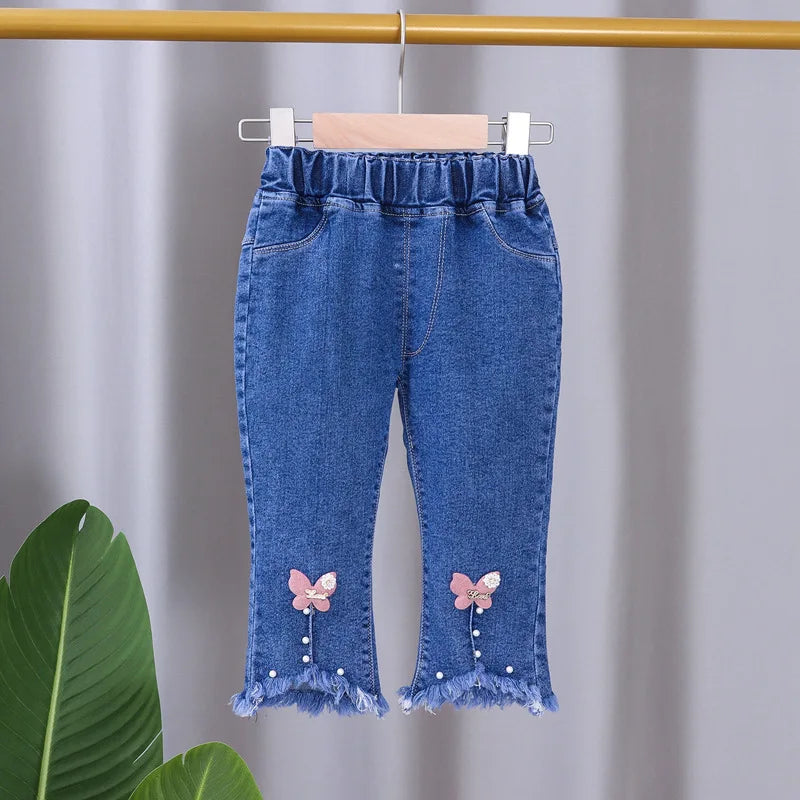 Jeans for Kids Girls Trousers Spring Autumn 2023 New Bow Bell-bottomed Stretch Princess pants for children Girl Denim Pants