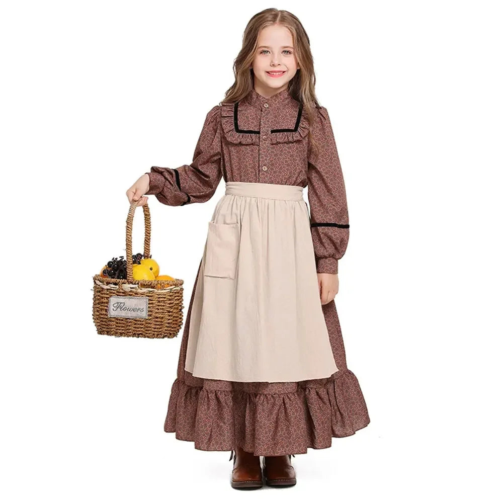 Historical American Colonial Costume Tween Teens Brown Floral Victorian Medieval Dress